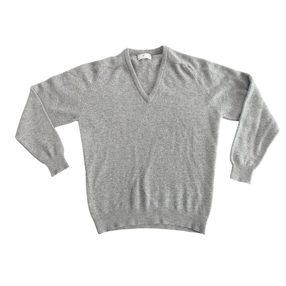 Vtg James Pringle Holm Woollen Mills Inverness Grey Wool V-Neck Sweater Womens